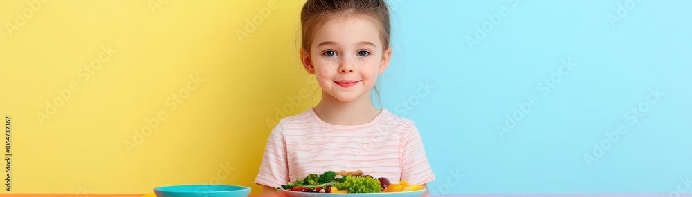 Kid enjoying a balanced meal at a colorful table, promoting nutrition and wellbeing support for healthy living Kid enjoying a balanced meal at a colorful table, promoting nutrition and wellbeing support for healthy living