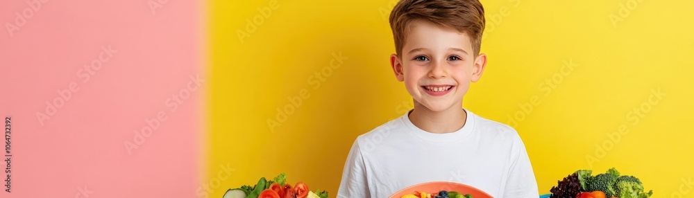Kid enjoying a balanced meal at a colorful table, promoting nutrition and wellbeing support for healthy living Kid enjoying a balanced meal at a colorful table, promoting nutrition and wellbeing support for healthy living