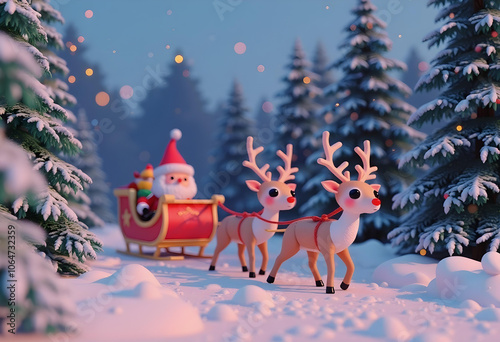 festive scene of Santa Claus and reindeer in snowy forest, sharing joy and holiday spirit. colorful sleigh and cheerful atmosphere create magical Christmas vibe