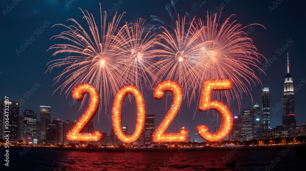 Vibrant 2025 New Year Celebrations with Fireworks and Festive Crowds in Stunning Cityscape