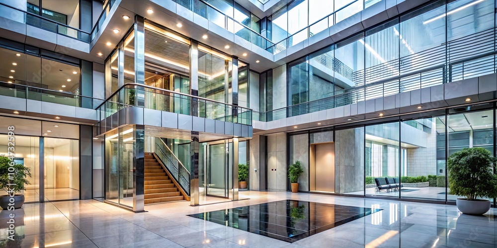 Modern building with glass elevator and sleek staircase , Elevator, stairs, modern, building, architecture, interior Modern building with glass elevator and sleek staircase , Elevator, stairs, modern, building, architecture, interior