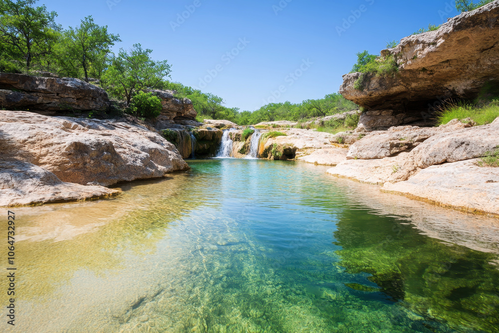 Naklejka premium Tranquil stream flowing through rocky landscape with clear skies