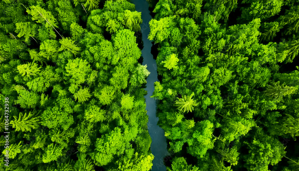 Bird's eye view aerial shot of forest with river bed in the center Bird's eye view aerial shot of forest with river bed in the center