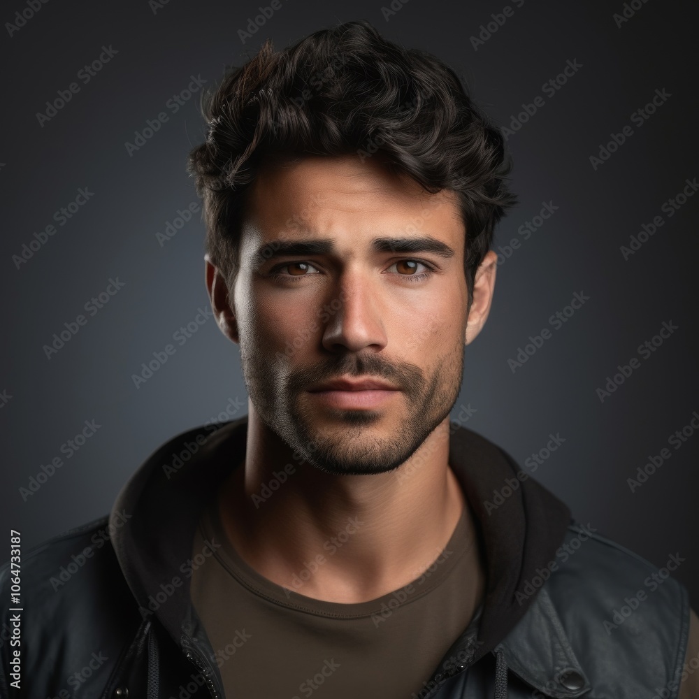 Focused Man with Intense Gaze in Casual Outfit Against a Colorful Studio Background Focused Man with Intense Gaze in Casual Outfit Against a Colorful Studio Background