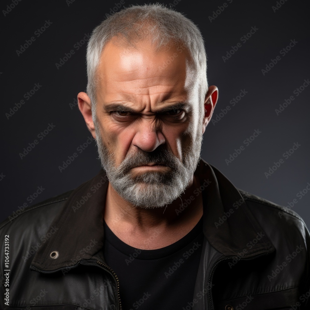 Obraz premium Portrait of an angry man with a tense look and clenched jaw in a casual button down shirt on a simple beige background