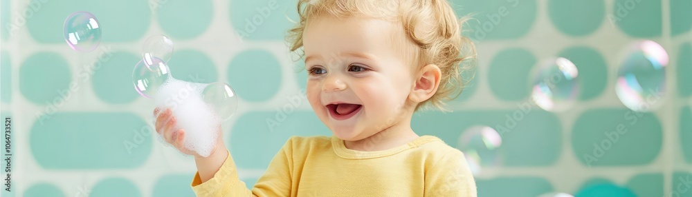 Toddler playing with soap bubbles in a clean, vibrant bathroom, emphasizing fun hygiene habits in health promotion Toddler playing with soap bubbles in a clean, vibrant bathroom, emphasizing fun hygiene habits in health promotion