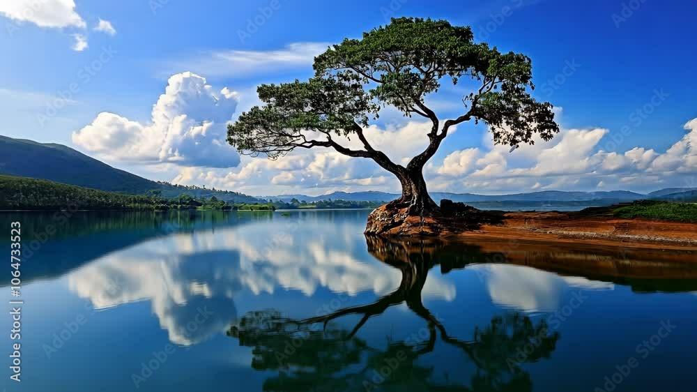 A solitary tree stands on a small island in a tranquil lake, its reflection mirroring the blue sky and white clouds above
