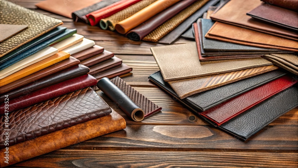 Leather fabric samples arranged on table for crafting projects, leather, fabric, samples, shades, table, crafting, materials Leather fabric samples arranged on table for crafting projects, leather, fabric, samples, shades, table, crafting, materials