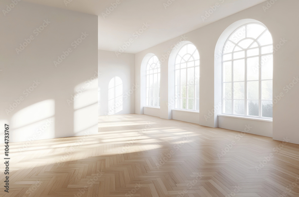 Fototapeta premium Sunlit modern living room with large arched windows and parquet flooring