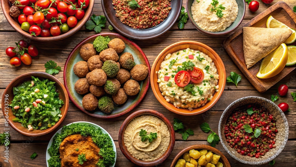 Various traditional dishes of Arabian cuisine like hummus, falafel, and tabbouleh on the table , Arabic, cuisine Various traditional dishes of Arabian cuisine like hummus, falafel, and tabbouleh on the table , Arabic, cuisine