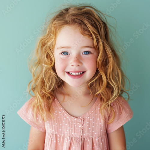 Portrait of a smiling strawberry blonde child with freckles against a turquoise background, wearing a pink polka dot dress, showcasing joy and innocence. photo