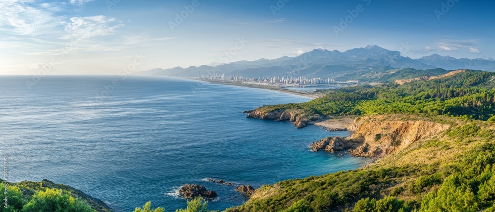 A panoramic view of a coastline with a mix of conservation areas and industrial developments illustrating environmental trade-offs A panoramic view of a coastline with a mix of conservation areas and industrial developments illustrating environmental trade-offs