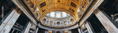 A stunning view of an ornate architectural dome with intricate details and golden accents.