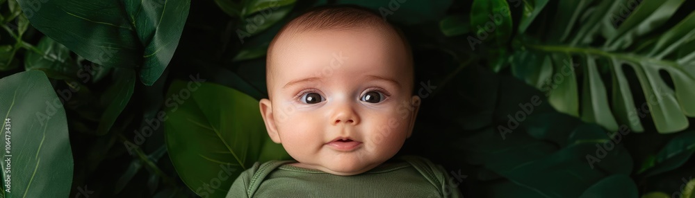 Baby with a glowing expression, surrounded by green leaves and natural light, representing vitality and health advocacy
