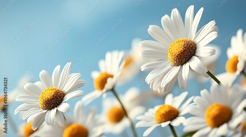Fototapeta premium Close-up of blooming white daisies with yellow centers against a clear blue sky, emphasizing natural beauty and freshness in a vibrant outdoor setting.