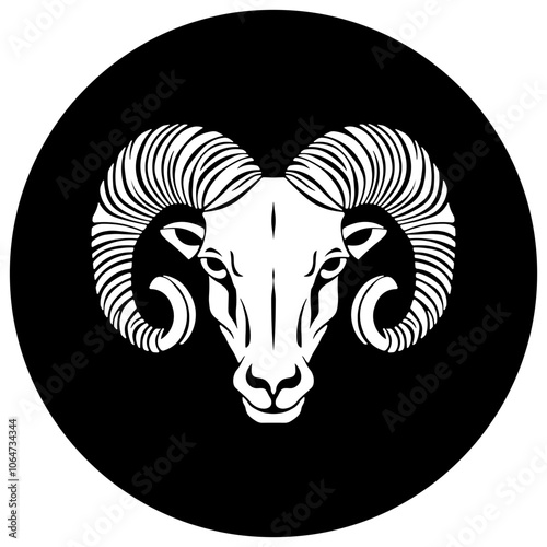 silhouette of a ram or capricorn head in a black circle without background