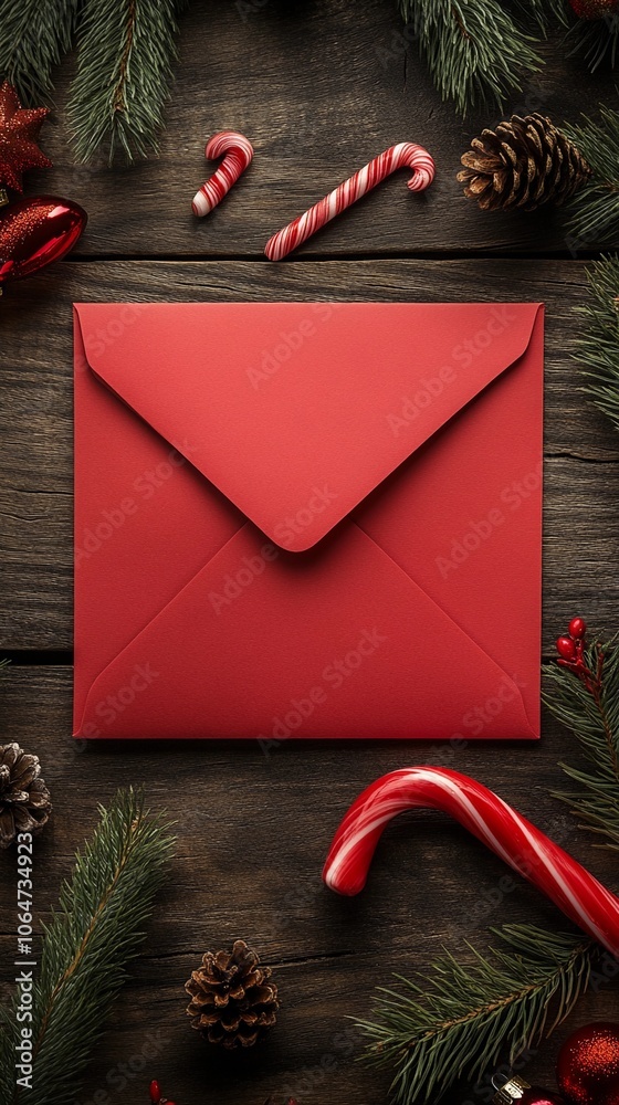 Santa’s letter and a red envelope with small decorations like candy canes and pine branches, arranged on a wooden background with open space in the center for text