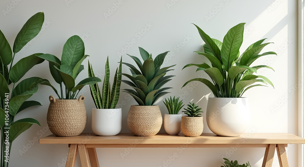 Fototapeta premium A row of potted plants sit on a wooden shelf, with some of them being tall
