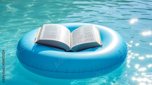 Book open on a pool float gently rocking on the water under bright sunlight photo