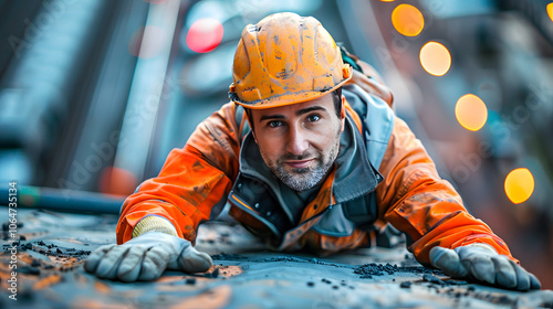 Construction worker wearing PPE woking at roof