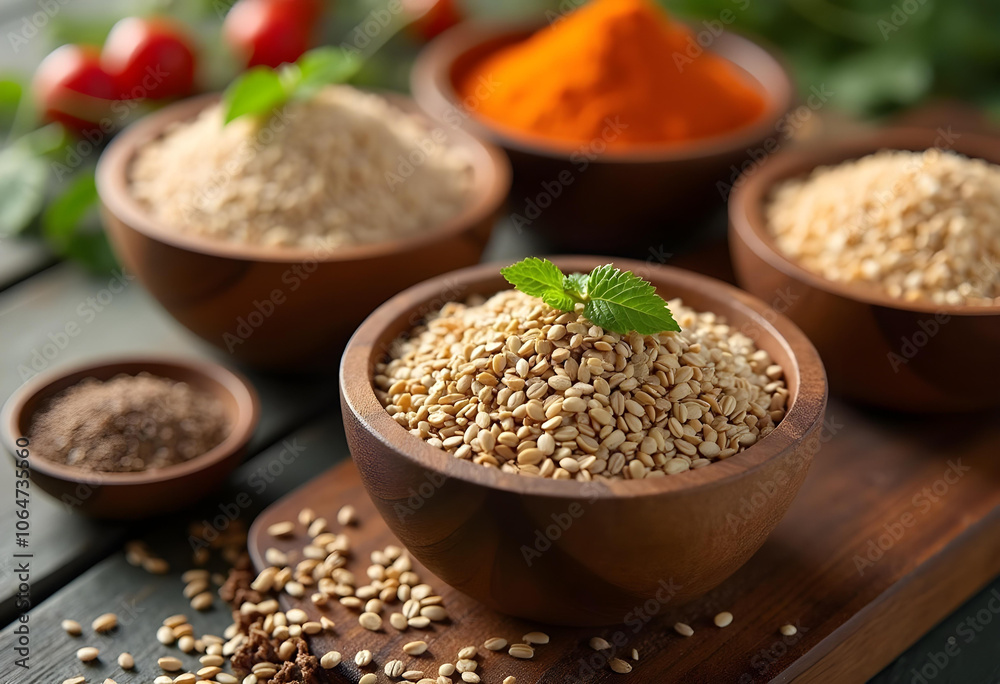 Fresh sesame seeds in wooden bowls with spices and herbs, showcasing natural textures and vibrant colors. Perfect for culinary and health related themes