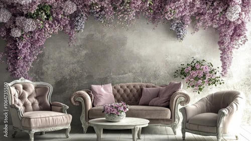 A living room with a gray wall adorned with purple flowers, featuring a gray sofa and two matching chairs