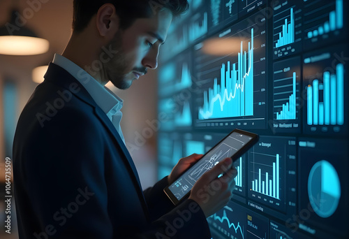 man in suit analyzes data on tablet in modern office environment, surrounded by digital graphs and charts, showcasing professional atmosphere