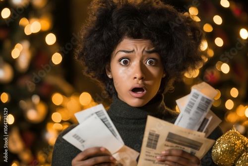 A surprised woman holding a stack of holiday receipts, with festive lights in the background, highlighting the shock of holiday expenses and seasonal spending stress