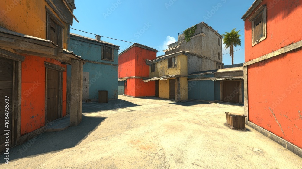 A colorful urban street scene with buildings and clear blue skies. A colorful urban street scene with buildings and clear blue skies.