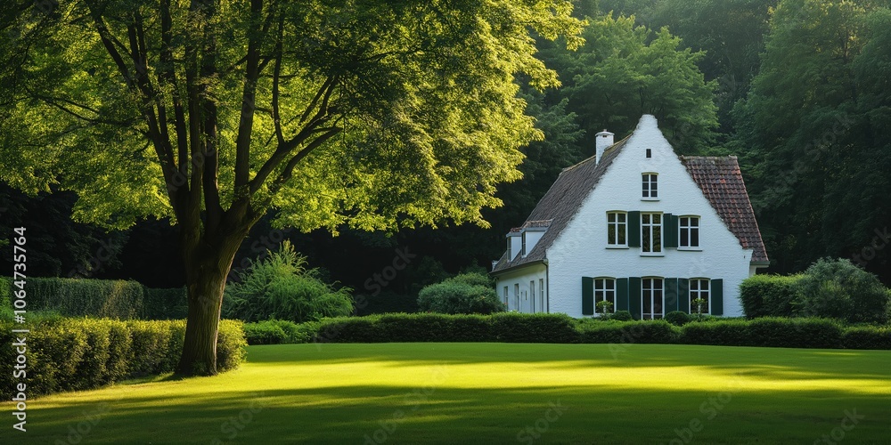 A white house with a tree in front of it. The house is surrounded by a green bush A white house with a tree in front of it. The house is surrounded by a green bush
