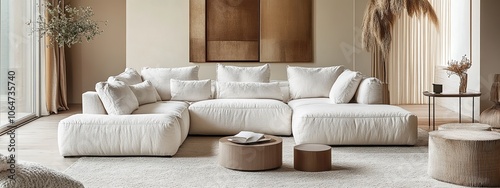 Cozy living room with white modular sofa and paintings on the wall