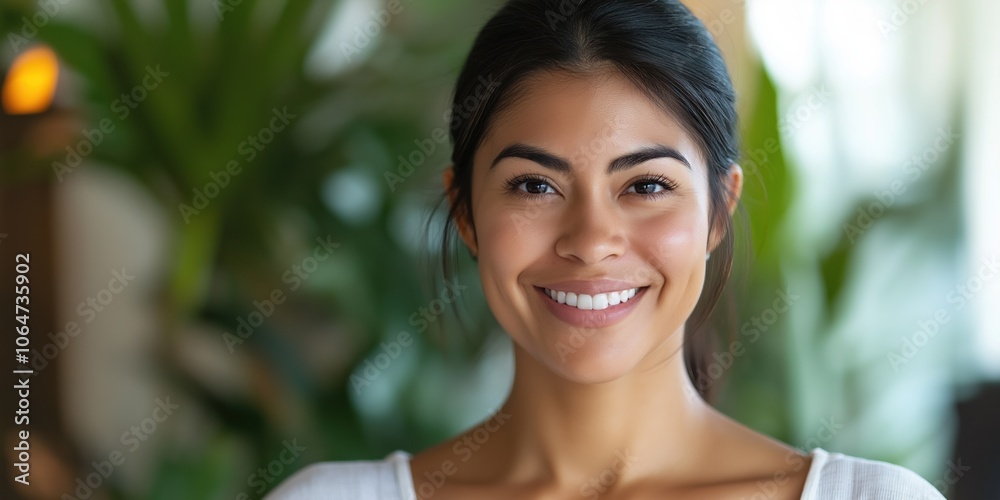 A woman with a big smile on her face. She is wearing a white shirt and has her hair in a ponytail A woman with a big smile on her face. She is wearing a white shirt and has her hair in a ponytail