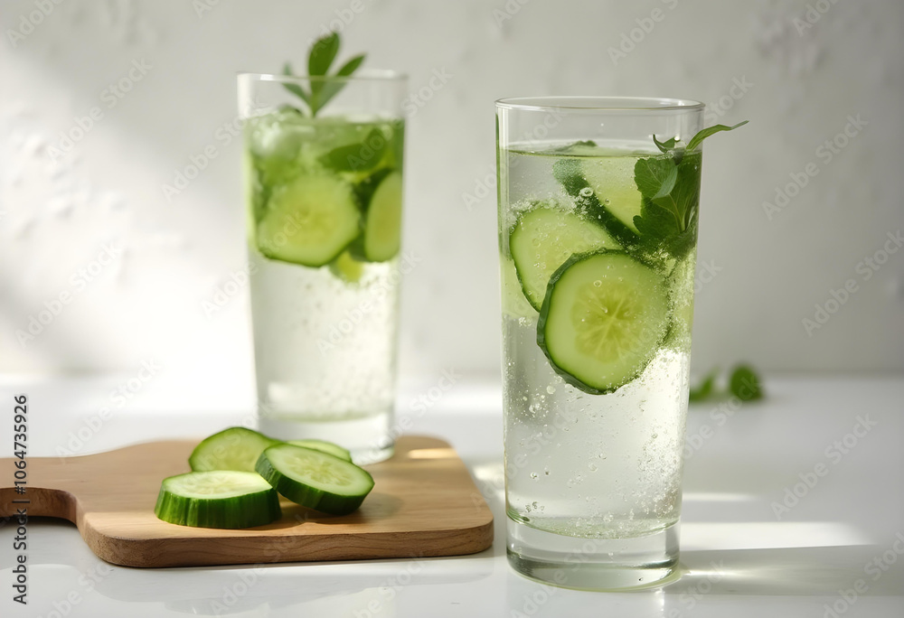 Refreshing cucumber drinks with mint leaves in tall glasses, served on wooden board. Perfect for summer hydration and healthy lifestyle