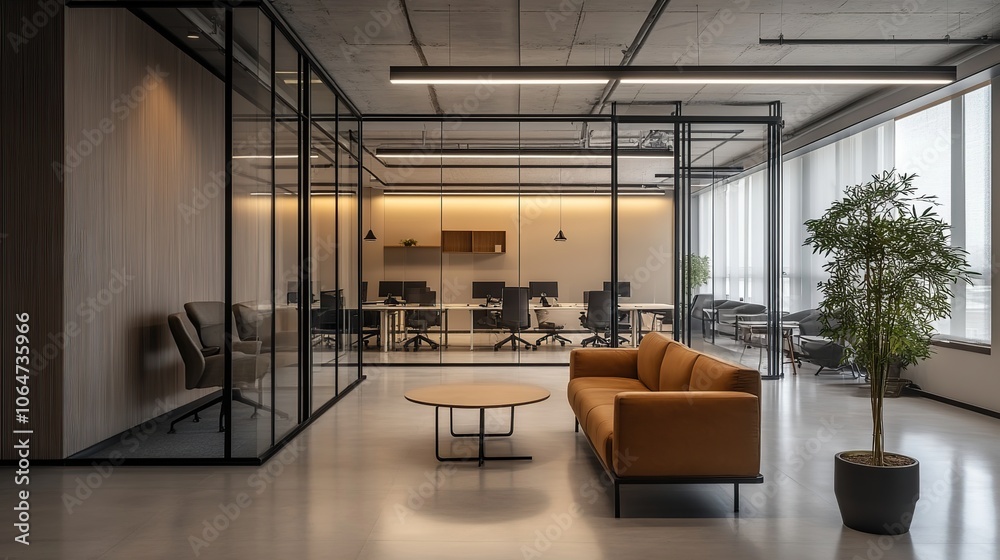 Fototapeta premium Contemporary corporate office with glass partitions, desks, comfortable sofas and computers in the background