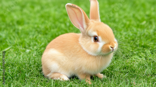 Adorable light brown rabbit sitting attentively on lush green grass