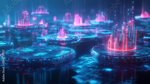 Digital metaverse with floating neon islands representing virtual economies and marketplace hubs in cyberspace photo