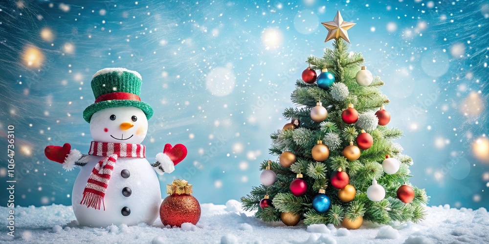 Snowman standing next to a decorated Christmas tree , winter, holiday, festive, snow, cold, carrot nose, seasonal Snowman standing next to a decorated Christmas tree , winter, holiday, festive, snow, cold, carrot nose, seasonal