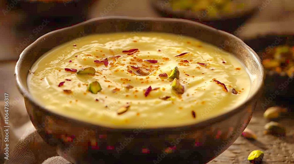 Traditional Kheer Pudding with Saffron Garnish in a Bowl Traditional Kheer Pudding with Saffron Garnish in a Bowl