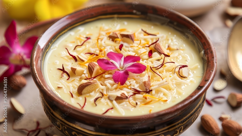Traditional Kheer Pudding with Saffron Garnish in a Bowl Traditional Kheer Pudding with Saffron Garnish in a Bowl