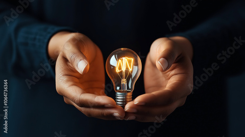 Close-up of hands holding an illuminated light bulb, symbolizing ideas and innovation against a dark background. photo