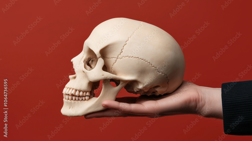 Human skull model held by a hand against a solid red background, emphasizing anatomy and educational concept
