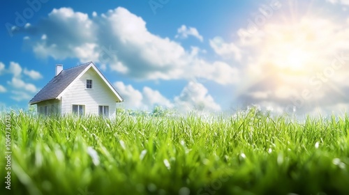 A serene landscape featuring a small house surrounded by lush green grass under a bright sky.