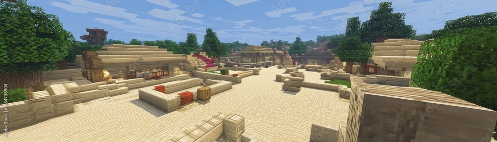 Fototapeta premium A vibrant desert village scene with sandy pathways and lush greenery.