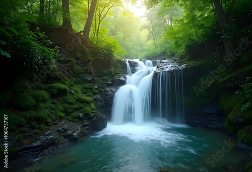 Wallpaper Mural serene waterfall cascades through lush greenery, creating tranquil atmosphere. soft light filters through trees, enhancing natural beauty of this peaceful scene Torontodigital.ca