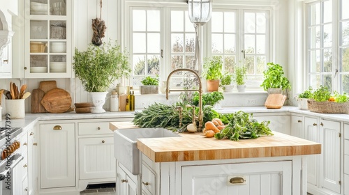 A bright and airy French country kitchen with a farmhouse sink