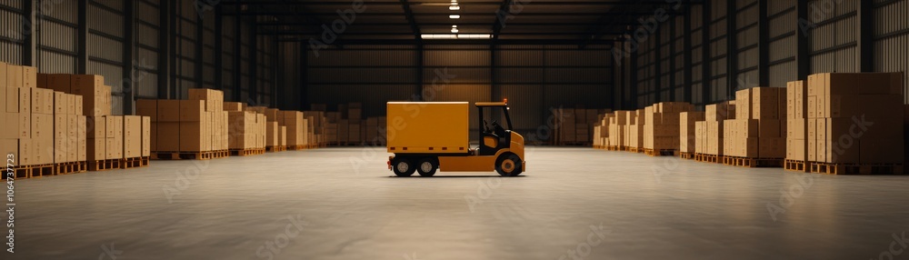Naklejka premium A forklift is parked inside a spacious warehouse filled with neatly stacked cardboard boxes, illuminated by overhead lighting.