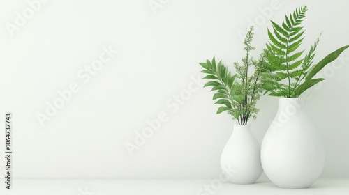 Two white vases with greenery against a minimalist white background, creating a serene atmosphere.