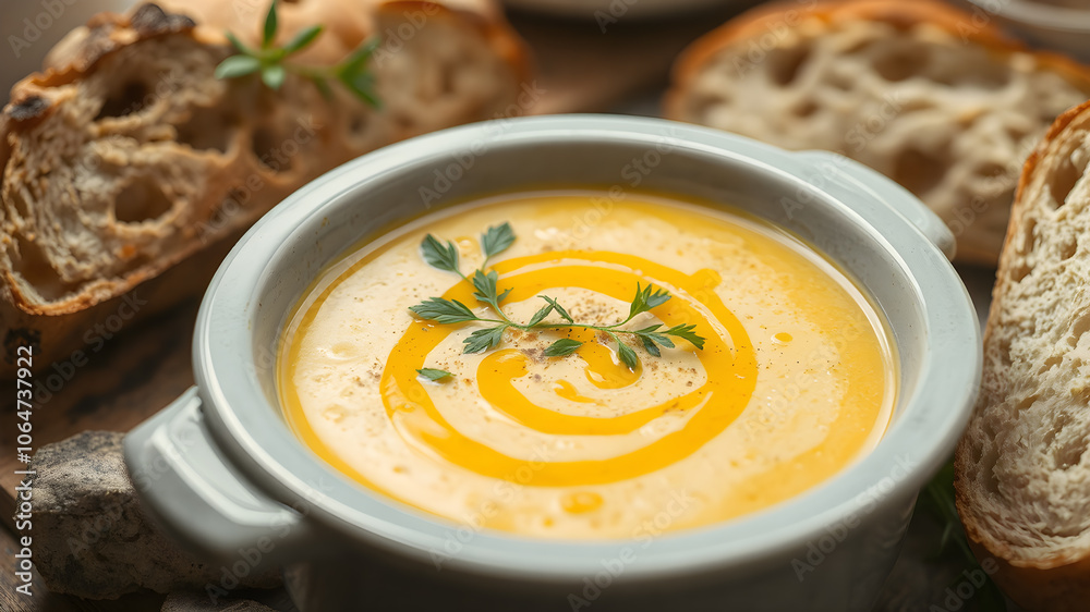Pumpkin soup with cream in bowl on dark background. Close up. Top view.with bread. Pumpkin soup with cream in bowl on dark background. Close up. Top view.with bread.