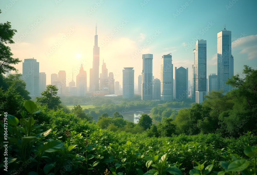 Fototapeta premium vibrant city skyline with modern skyscrapers surrounded by lush greenery, showcasing harmonious blend of nature and urban life. scene captures beauty of sunny day