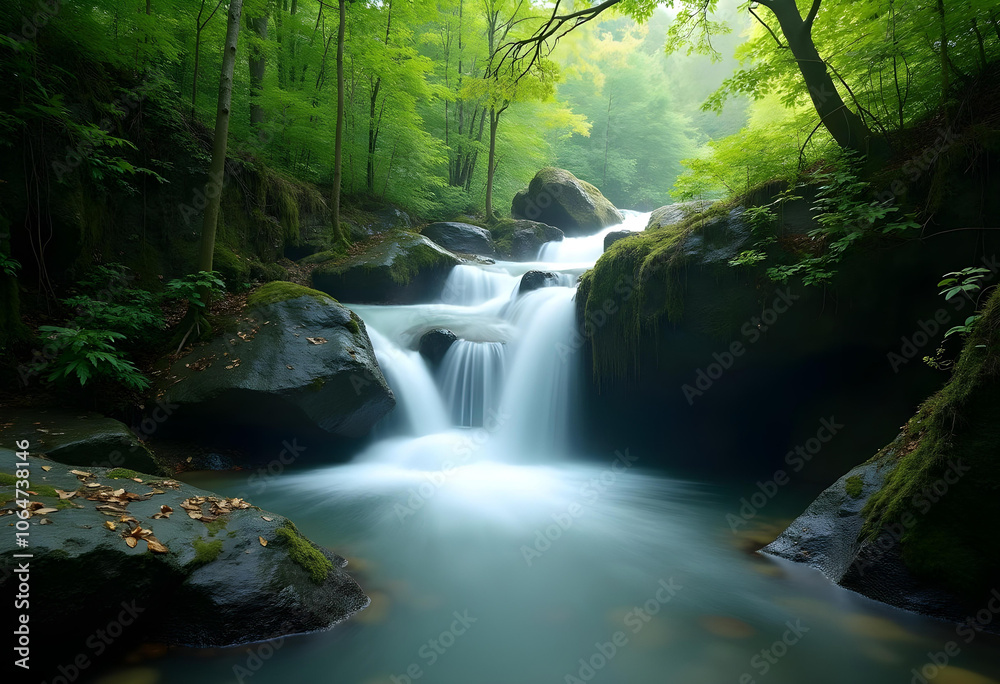 Obraz premium serene waterfall cascades over smooth rocks in lush green forest, creating tranquil atmosphere. mist adds mystical touch to natural beauty